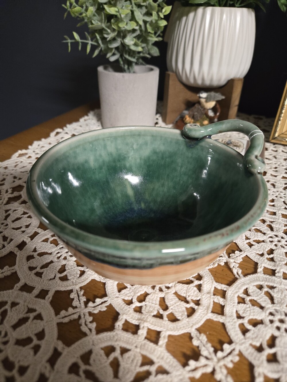 Green Glazed Studio Pottery Handled Bowl